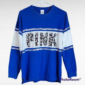 𝅺VICTORIA'S Secret PINK Blue/White Colorblock Leopard Sequin Long Sleeve Top